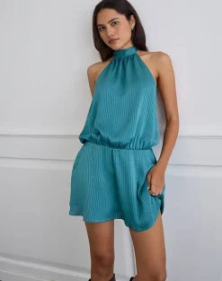 Davina Mini Dress in Stripe Satin Teal