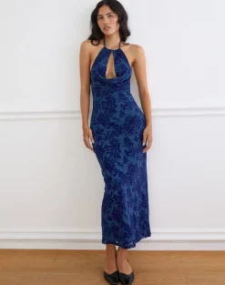 Dawn Maxi Dress in Midnight Leaf Flock Navy