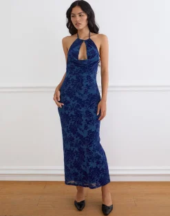 Dawn Maxi Dress in Midnight Leaf Flock Navy