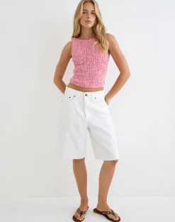 Deacon Shirred Top in Mini Gingham Peach