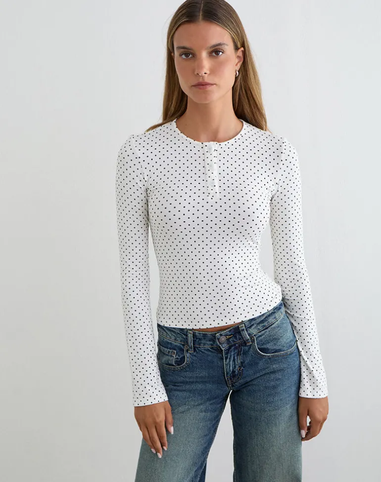 Delano Top in White with Micro Polka Black Print