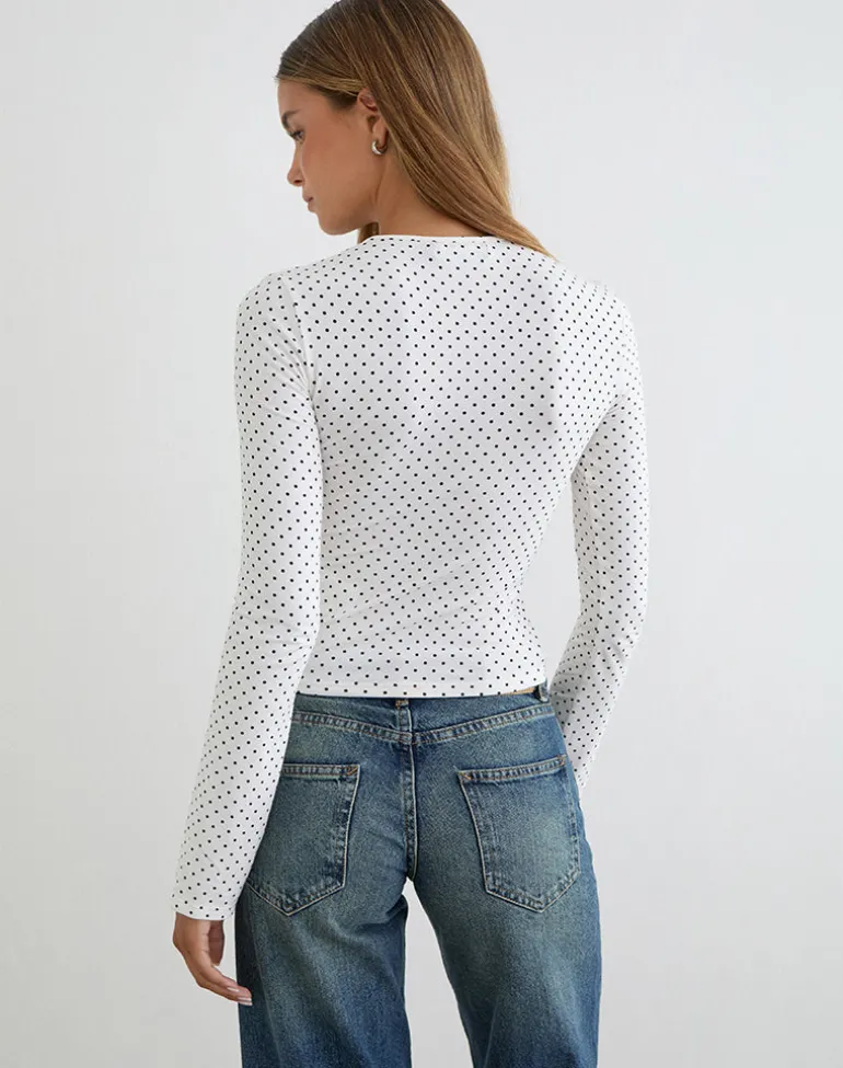 Delano Top in White with Micro Polka Black Print