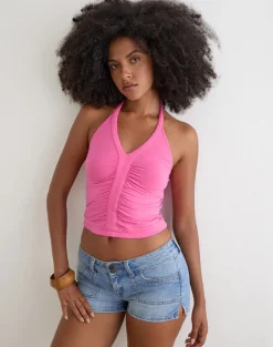 Delyn Ruched Plunge Top in Deep Pink