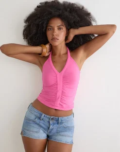 Delyn Ruched Plunge Top in Deep Pink