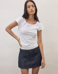 Denim Mini Skirt in Stripe Indigo