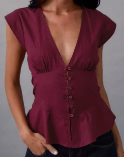 Devlin V Neck Blouse in Poplin Burgundy