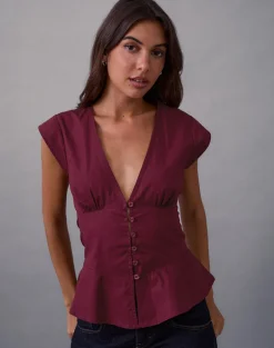 Devlin V Neck Blouse in Poplin Burgundy