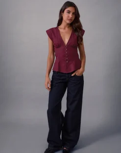 Devlin V Neck Blouse in Poplin Burgundy