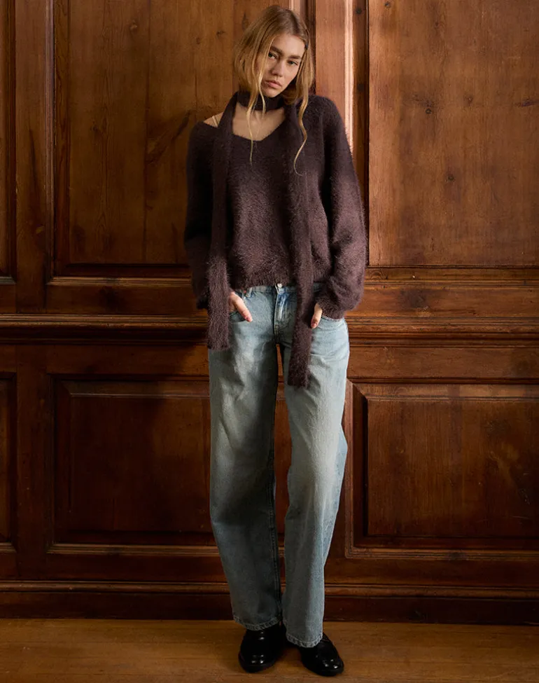 Dikara Jumper with Scarf in Knit Brown