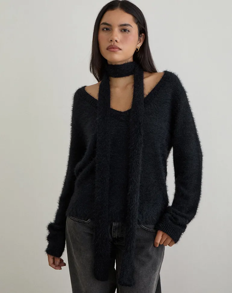 Dikara Jumper with Scarf in Knit Black