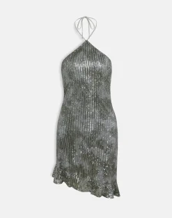 Dikta Asymmetric Mini Dress in Sequin Green Grey