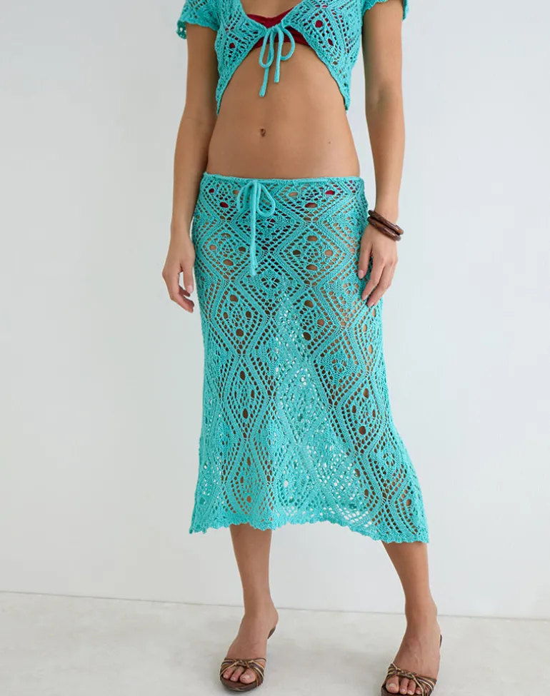Diora Midi Skirt in Crochet Knit Aqua Sky