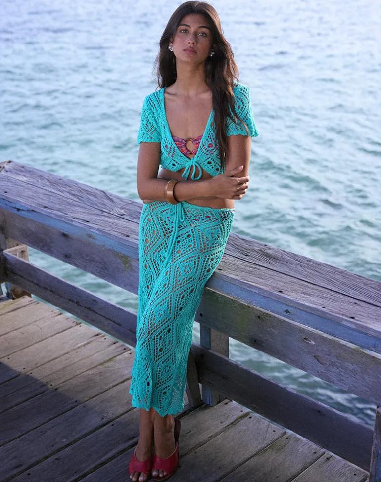 Diora Midi Skirt in Crochet Knit Aqua Sky
