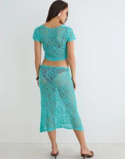 Diora Midi Skirt in Crochet Knit Aqua Sky
