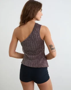 Dirsa One Shoulder Asymmetric Top in Plisse Brown