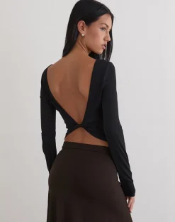 Diya Long Sleeve Twist Back Top in Cupro Black