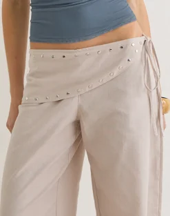 Doka Trouser in Stone Linen with Studs Trim