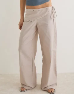 Doka Trouser in Stone Linen with Studs Trim