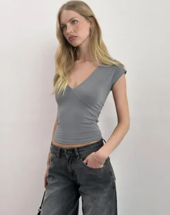 Dolores Wrap Top in Rayon Jersey Grey