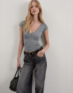 Dolores Wrap Top in Rayon Jersey Grey