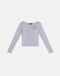 Donela Long Sleeve Top with Flower Ring in Lilac Grey