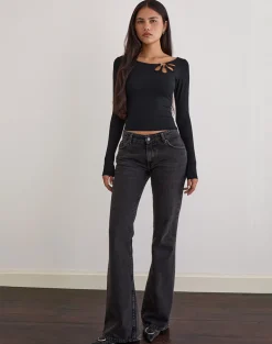 Donela Long Sleeve Top with Flower Ring in Black