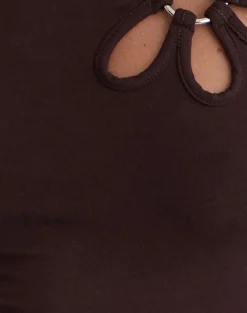 Donela Long Sleeve Top with Flower Ring in Bitter Chocolate