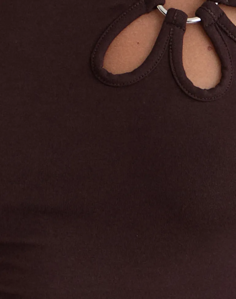 Donela Long Sleeve Top with Flower Ring in Bitter Chocolate