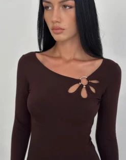 Donela Long Sleeve Top with Flower Ring in Bitter Chocolate