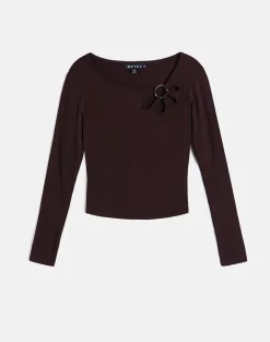 Donela Long Sleeve Top with Flower Ring in Bitter Chocolate