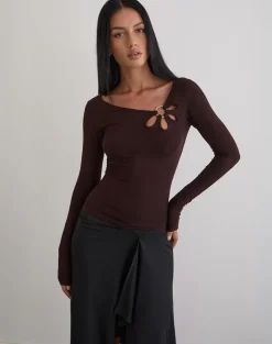 Donela Long Sleeve Top with Flower Ring in Bitter Chocolate