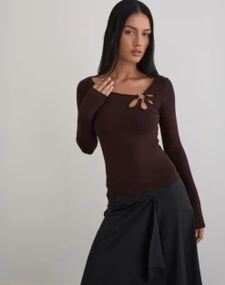 Donela Long Sleeve Top with Flower Ring in Bitter Chocolate
