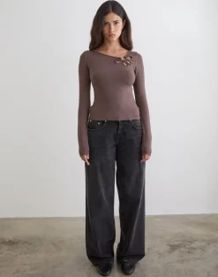 Donela Long Sleeve Top with Flower Ring in Coffee Quartz