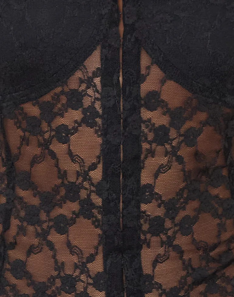 Dovica Corset Top in Black Canina Rose Lace