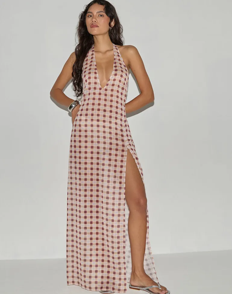 Driti Maxi Dress in Chiffon Blurred Check Peach