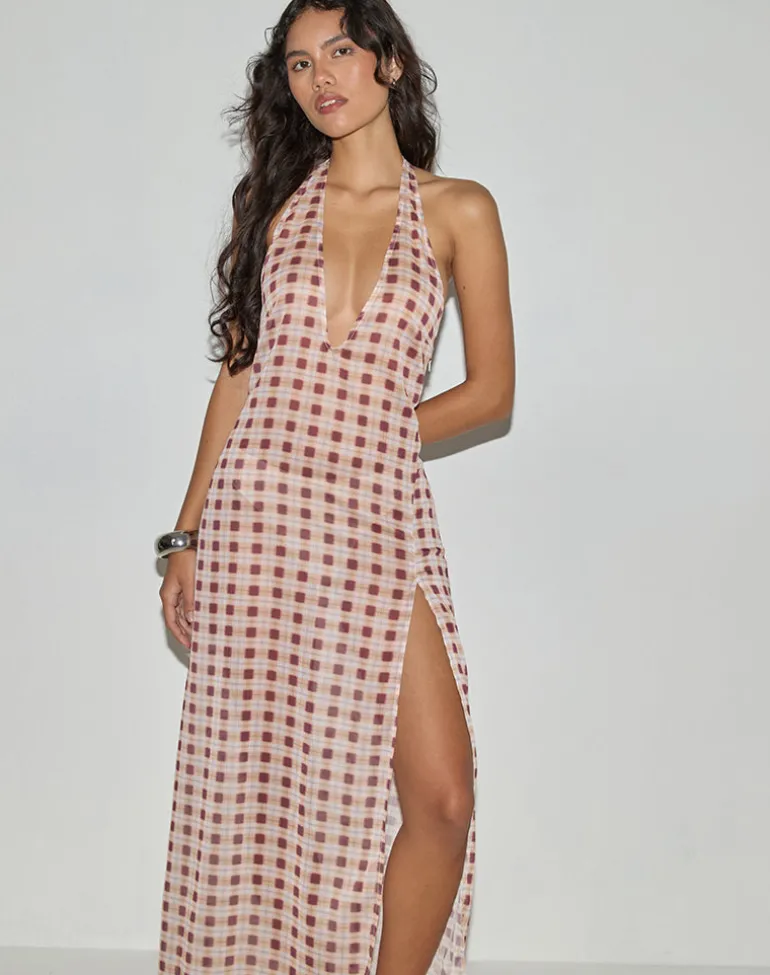 Driti Maxi Dress in Chiffon Blurred Check Peach