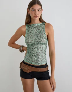 Dudley Vest Top in Paisley Sequin Teal