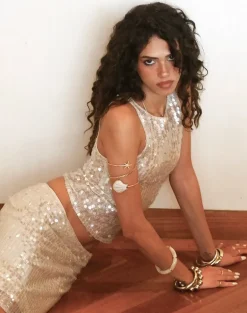 Dudley Vest Top in Sequin Crochet Cream