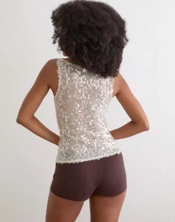 Dudley Vest Top in Sequin Crochet Cream