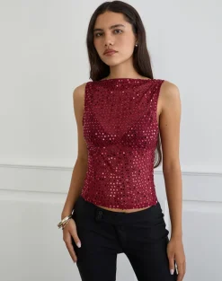 Dudley Vest Top in Sequin Knit Burgundy