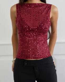 Dudley Vest Top in Sequin Knit Burgundy