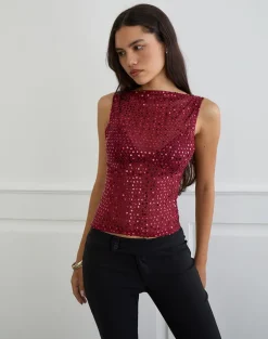 Dudley Vest Top in Sequin Knit Burgundy