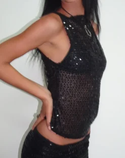 Dudley Vest Top in Sequin Knit Black