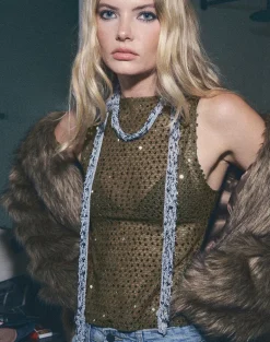 Dudley Vest Top in Sequin Knit Olive