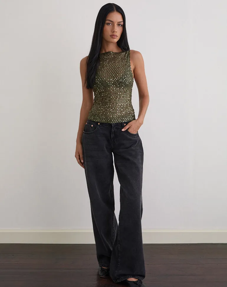 Dudley Vest Top in Sequin Knit Olive