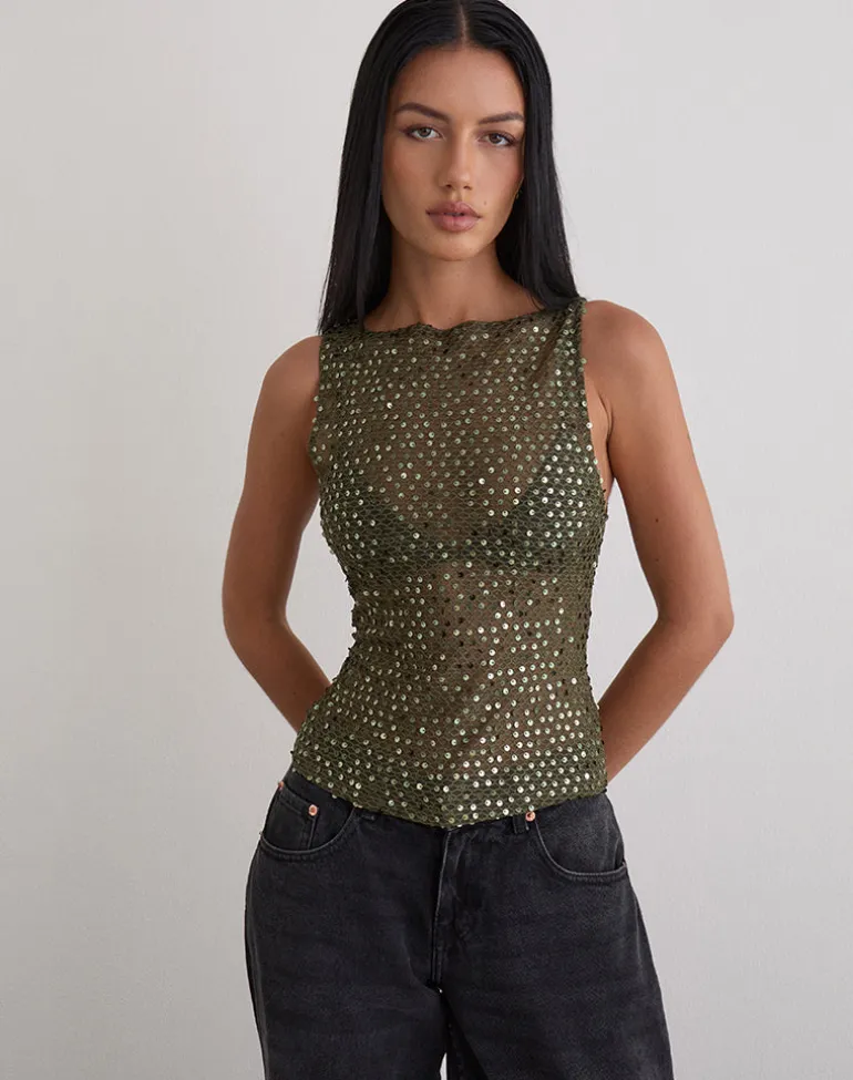 Dudley Vest Top in Sequin Knit Olive