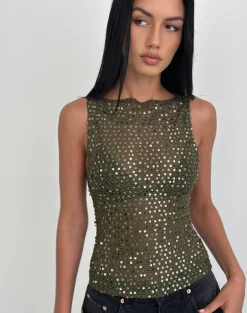 Dudley Vest Top in Sequin Knit Olive