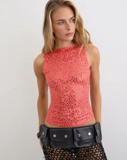 Dudley Vest Top in Sequin Knit Coral