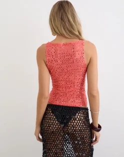 Dudley Vest Top in Sequin Knit Coral