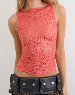 Dudley Vest Top in Sequin Knit Coral